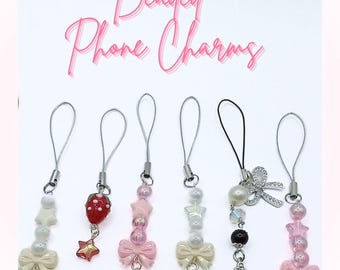 Phone Charms, Handmade Beaded Iridescent Pink Heart Kawaii Coquette Charm For Bags, Keychain, Camera, Phone and Purses,Various Styles/Colors