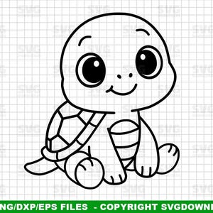 Puede incluir: Ilustración de dibujos animados en blanco y negro de una tortuga sonriente. La tortuga tiene ojos grandes, un caparazón y está sentada con las patas y aletas extendidas. La imagen es un gráfico digital, adecuado para varios proyectos de diseño.