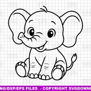 May include: A black and white cartoon illustration of a smiling baby elephant. The elephant is sitting with its legs crossed, and its large ears are spread out. The image includes the text "SVG/PNG/DXP/EPS FILES - COPYRIGHT SVGDOWNLOADS".