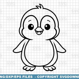 Può includere: Illustrazione di un cartone animato in bianco e nero di un pinguino con un viso sorridente, grandi occhi e piccole ali. Il pinguino è delineato in nero, con un corpo bianco e uno sfondo a griglia.
