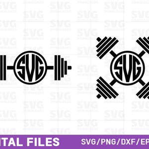 May include: Two black and white SVG designs featuring a barbell with a circle in the center. The circle has the letters "SVG" inside. One design shows the barbell horizontally and the other shows the barbell in a cross shape.