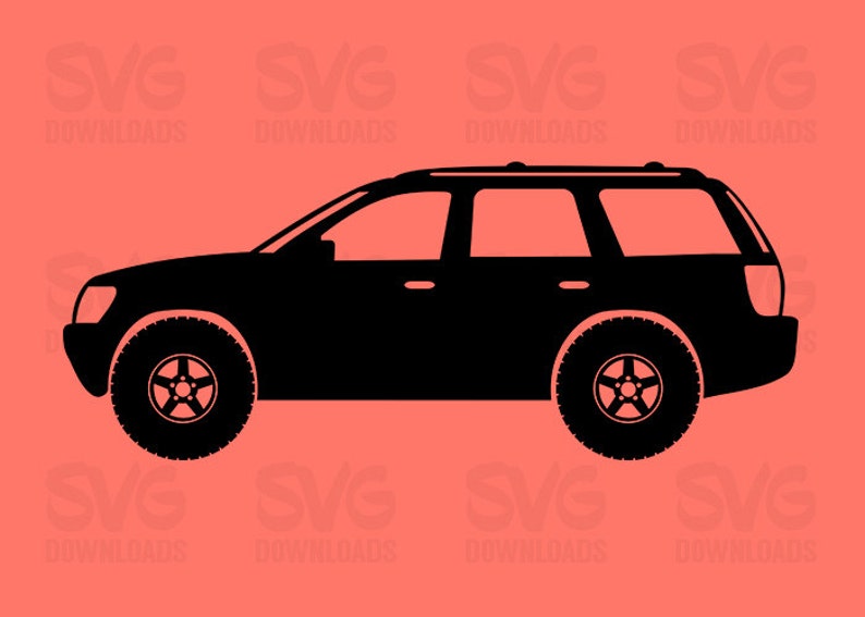 May include: A black silhouette of a sport utility vehicle (SUV) with a roof rack. The SUV has four doors and a rear window. The vehicle is facing the right side of the image.