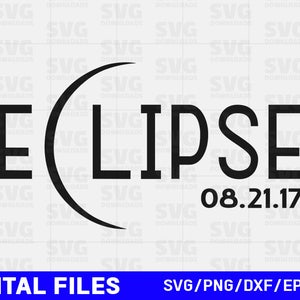 May include: Black and white graphic design with the text "ECLIPSE" and the date "08.21.17". A crescent moon shape is incorporated into the design.