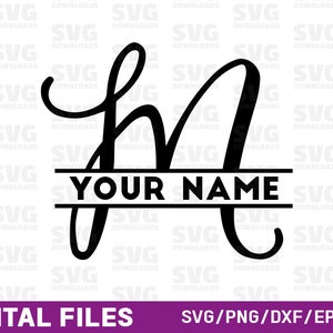 May include: A black and white monogram design featuring the letter "M" with a decorative flourish. The name "YOUR NAME" is written in a black rectangle below the letter.