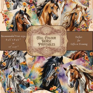 Könnte beinhalten: Eine Sammlung von Pferde-Kunstdrucken in Aquarellfarben, umgeben von Blumenarrangements. Der Text lautet "Full Colour Horse Printables" und empfiehlt Druckgrößen von 21,6 x 21,6 cm oder 43,2 x 43,2 cm. Das Bild enthält auch "Personal Use Only".