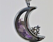 Amethyst Moon Locket Neckace, Crescent Moon Glass Pendant Necklace, Amethyst Chip Filled Moon Locket Necklace