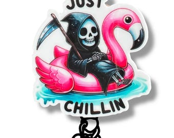 Summer Skeleton Badge Reel: Funny Nurse ID Holder, Acrylic Design