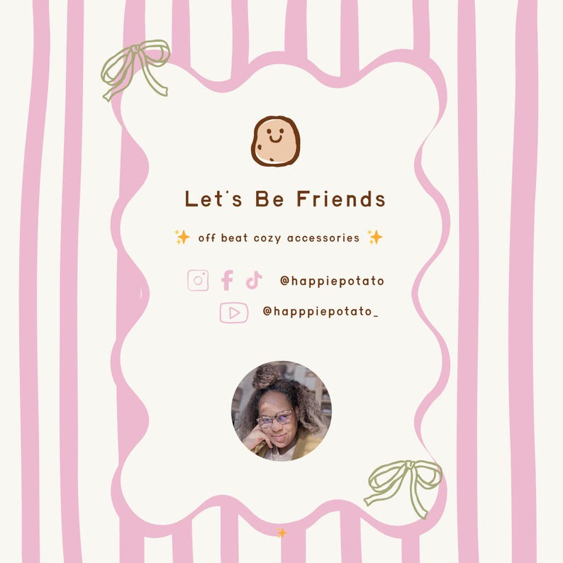 The image is a collage featuring a woman's face and a brown cartoon character, with pink and white striped background and a pink ribbon design.