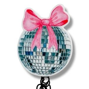 Disco Ball Badge Reel: Glitter Retro ID Holder with Bow