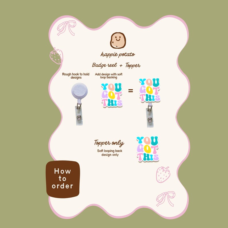 The image is a collage of three images, each depicting a badge reel and a Topper. The collage includes a badge reel with a Topper, a Topper only, and a rough hook to hold designs. The collage also includes a sticker with the phrase "YOU GOT THIS" and a strawberry. The image is a collage of three images, and the text provided is a description of the images, including the Topper, the rough hook, and the phrase "YOU GOT THIS".