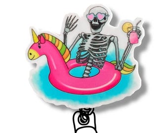 Summer Skeleton Badge Reel: Funny Nurse/Teacher ID Holder