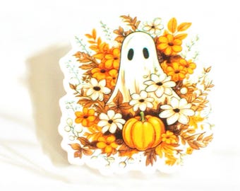 Halloween Ghost Badge Reel: Fall Floral Pumpkin ID Holder