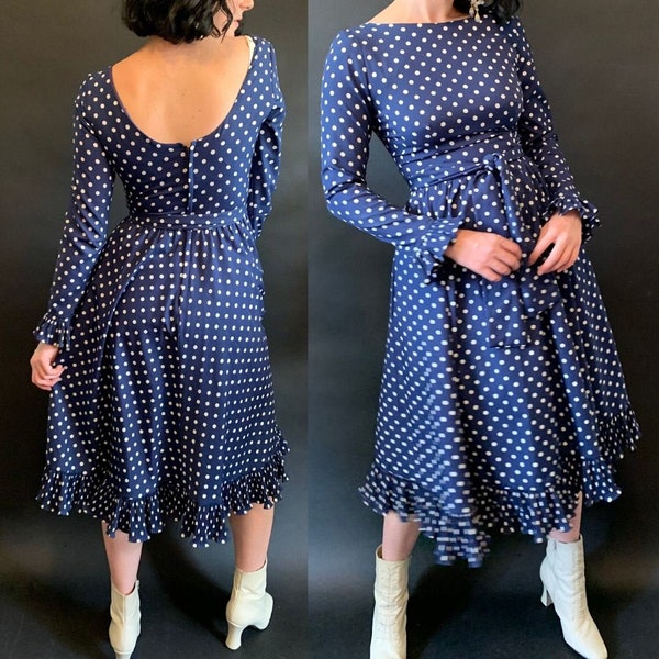 1970s Victor Costa Navy and White Polka Dot Dress with Low Back and Full Skirt size Small Medium