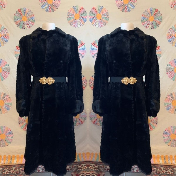 1940s Hennessy's Sheared Muskrat Film Noir Black Super Soft Long Fur Coat with Collar and Satin Lining with Elastic Gold Lionhead Belt Clasp