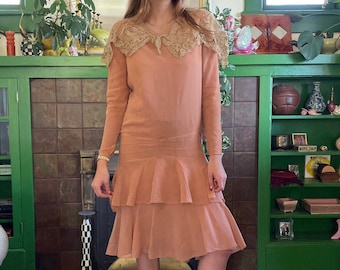 1920s Pumpkin Spice Silk Dress with Dropped Waist and Crochet Collar size Small