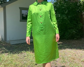 1960s Apple Green Satin Mod Shift Dress with Rhinestone Buttons size Medium