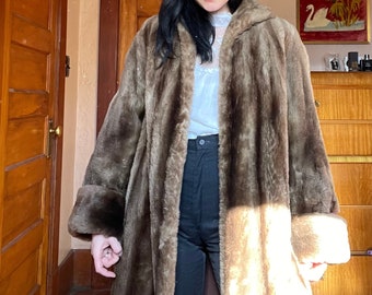 1930s Brown Sheared Muskrat Long Fur Coat size Medium Large