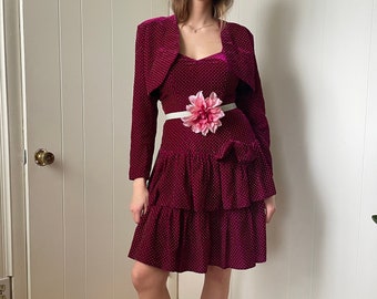 1980s Givenchy Sugar Plum Velvet Dress with White Swiss Dot and Matching Bolero size Small