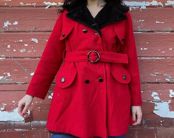 1970s Red Wool Coat with Black Faux Fur Collar and Belt size Large