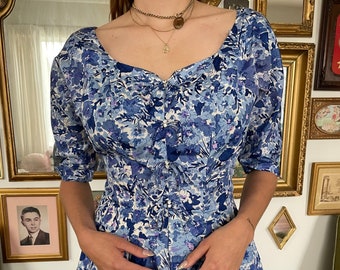 1950s Floral Blue Dress with Bows and Rhinestones size Small
