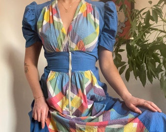 1940s Seersucker House Dress with Zip Front, Rainbow Plaid, and Puff Sleeve