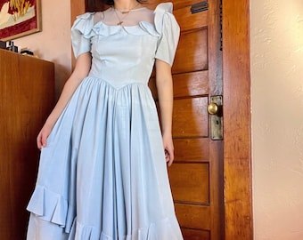 1940s Powder Blue Rayon Gown with Ruffles, Full Skirt, and Sheer Neckline size Medium