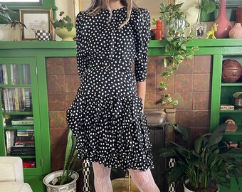 1980s Black and White Polka Dot Silk Dress size 2 XS