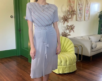 1940s Grey Crepe Dress with Multicolor Diagonal Stripes and Draping size XS Small