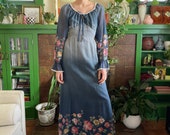 1970s Blue Ombre and Floral Long Sleeve Peasant Dress size Small