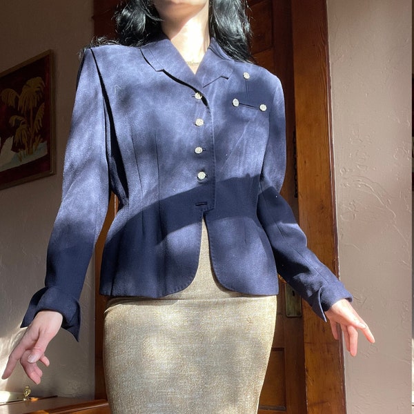 1940s Navy Crepe Blazer with Gem Studded Buttons size Medium Large