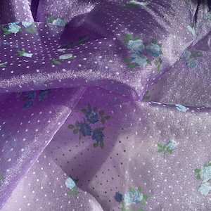 Vintage 44&quot; Purple Shimmer Chiffon Fabric with Swiss Dot and Blue Flocked Rosettes up to 3 yards