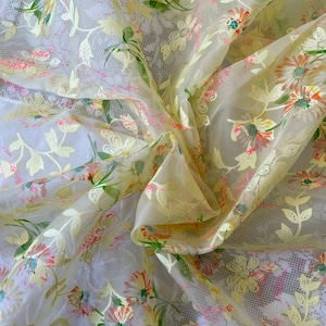 Vintage 42&quot; Flocked Yellow and Orange Floral Chiffon Fabric up to 6 Yards