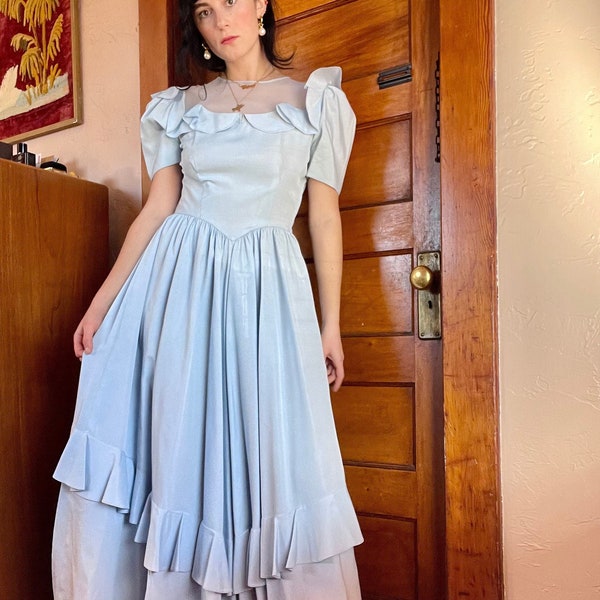 1940s Powder Blue Rayon Gown with Ruffles, Full Skirt, and Sheer Neckline size Medium