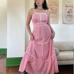 1970s Candi Jones Bubblegum Pink Sheer Cotton Tank Prairie Dress size XS