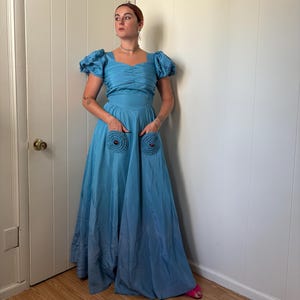 1940s Azure Taffeta Gown with Puff Sleeves Circle Pockets and Full Skirt size Medium