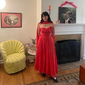 1950s Emma Domb Red Chiffon Strapless Gown with Gathered Bodice and Faux Floral Corsage size Small