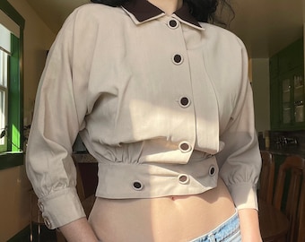 1940s Tan and Chocolate Rayon Cropped Blouson Collared Jacket size Small