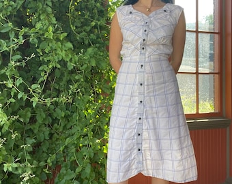 1930s Plaid White and Blue Cotton Dress size Large X-Large