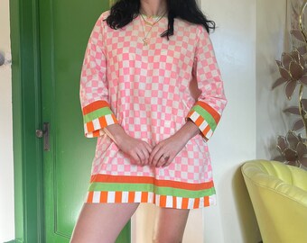1960s Checker Pink Green and Orange Cotton Mini Dress with Matching Bloomers size Medium