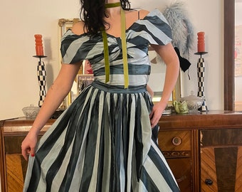 1940s Blue Taffeta Stripe Dress with Off the Shoulder Detail size XS Small