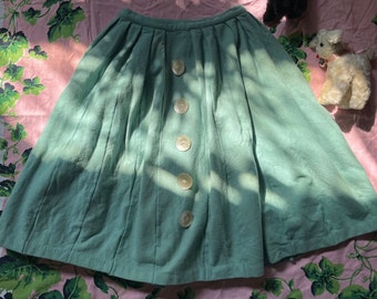 1940s Mint Wool Pleated Full Skirt with Pearled Buttons size XXS XS