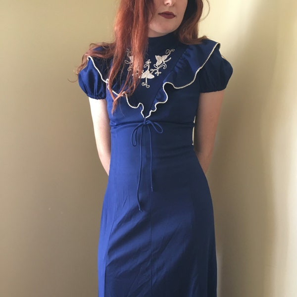 SALE! Vintage 1970s MIKEY JRS Navy Blue Maxi Dress with White Crochet Ruffle Detail