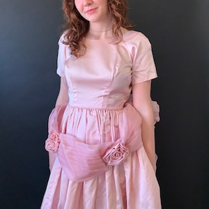 1950s Pink Rosette Satin and Tulle Party Dress with Full Skirt size XS