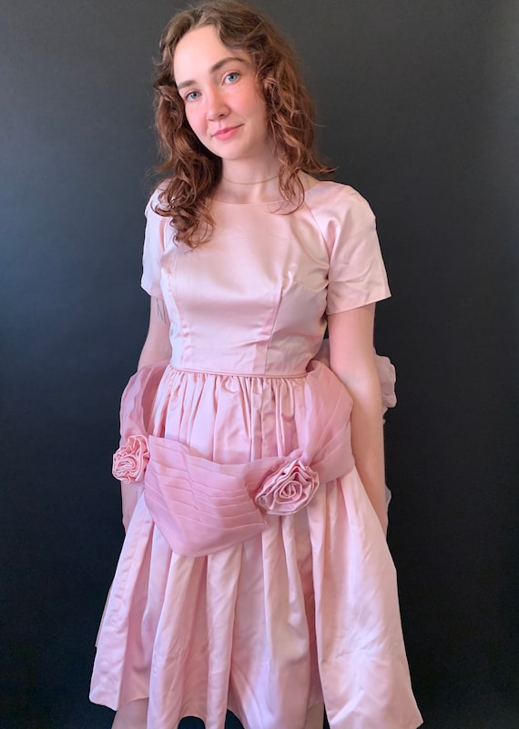 1950s Pink Rosette Satin and Tulle Party Dress With Full Skirt Size XS -  Etsy