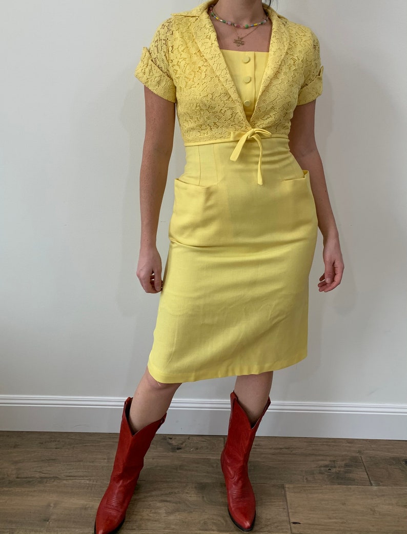 1960s Banana Yellow Linen Wiggle Dress with Matching Cropped Lace Bolero size Small Medium