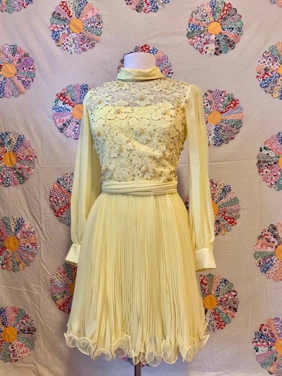 1960s Makoff Yellow Floral Glass Beaded Party Dres