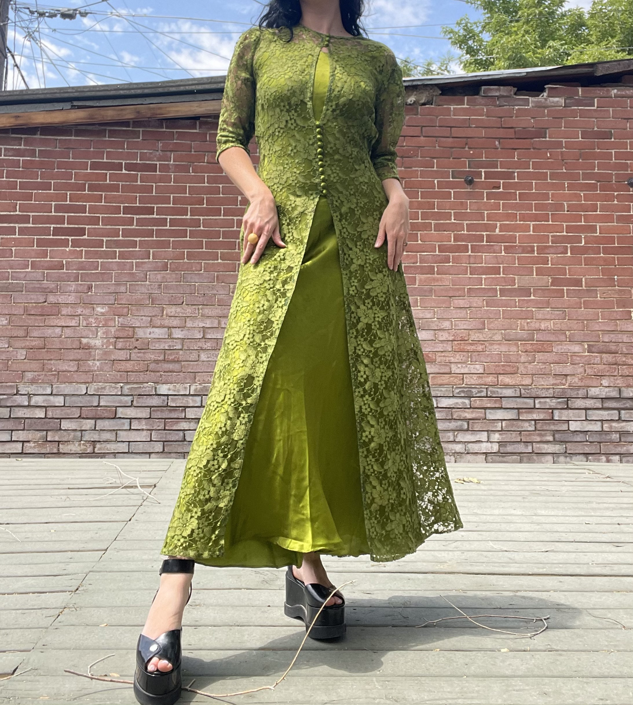 1930s Olive Bias Cut Slip Dress with Lace Overlay and Puff Sleeves size Large