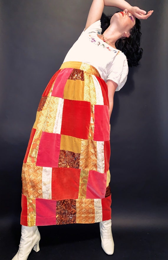 1960s Vintage Velvet Metallic Patchwork 1970s Skir