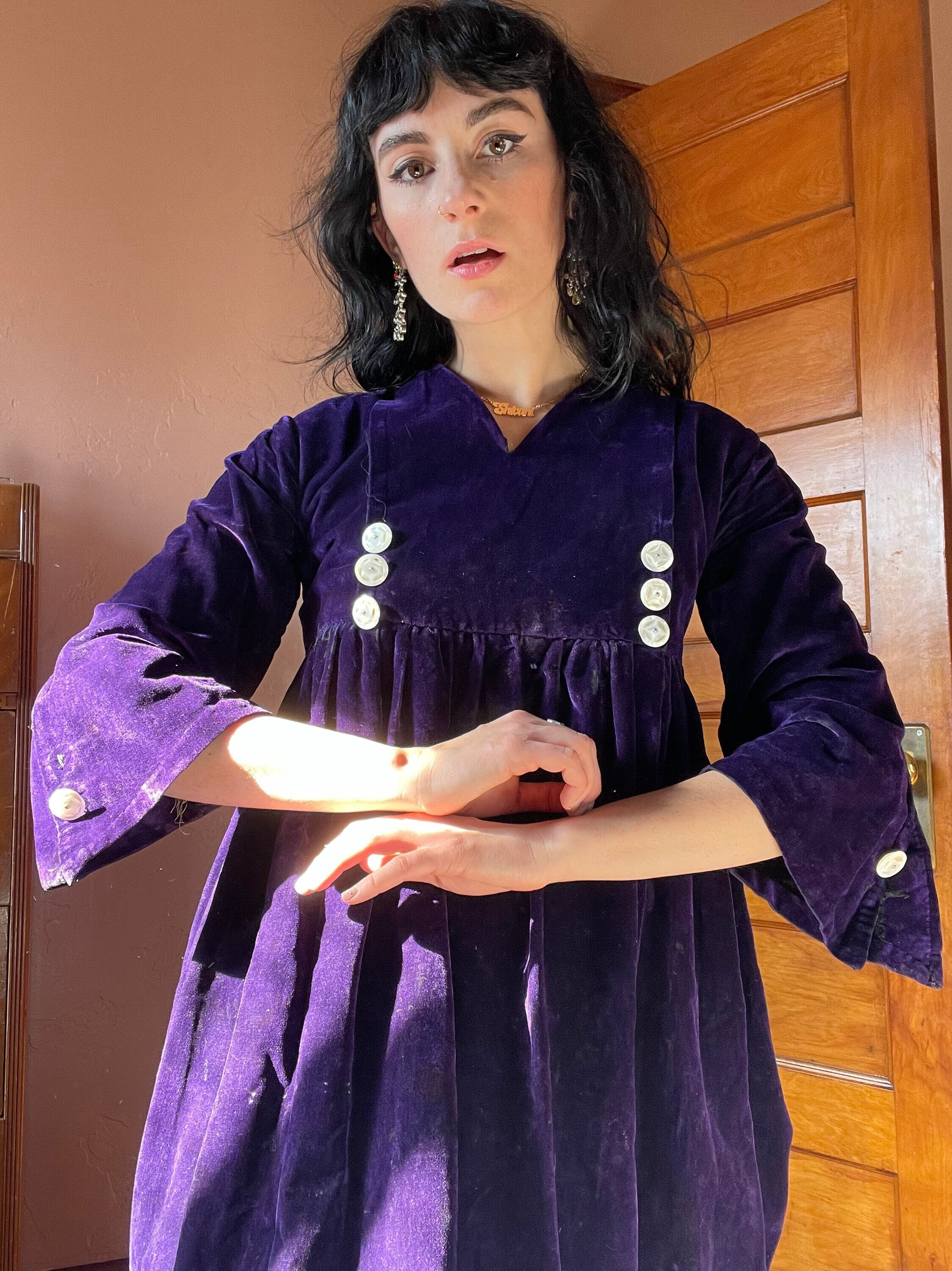 1900s Renaissance Revival Royal Purple Velvet Babydoll Ankle