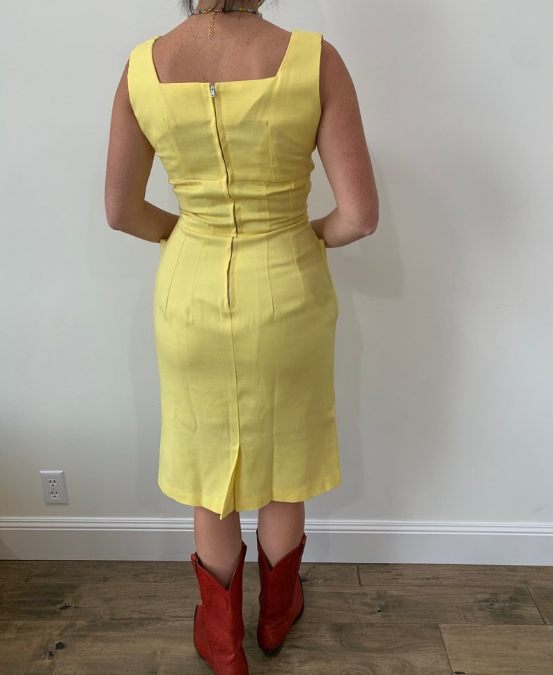 1960s Banana Yellow Linen Wiggle Dress with Matching Cropped Lace Bolero size Small Medium